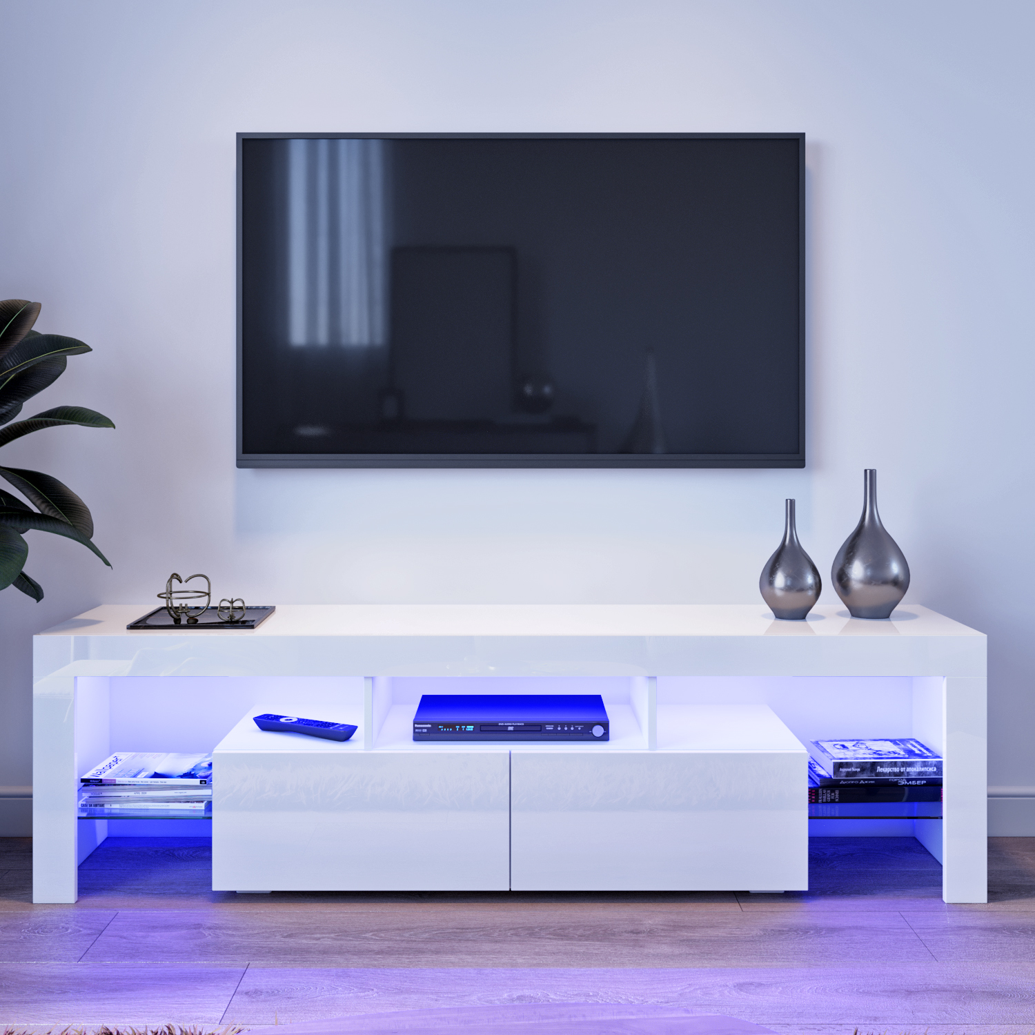 Modern TV Unit Stand with LED Light 160cm White High Gloss